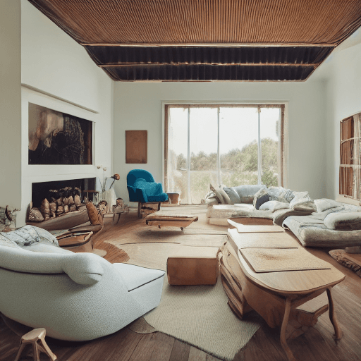 AI generated: High resolution photography interior design, dreamy sunken living room conversation pit, wooden floo...