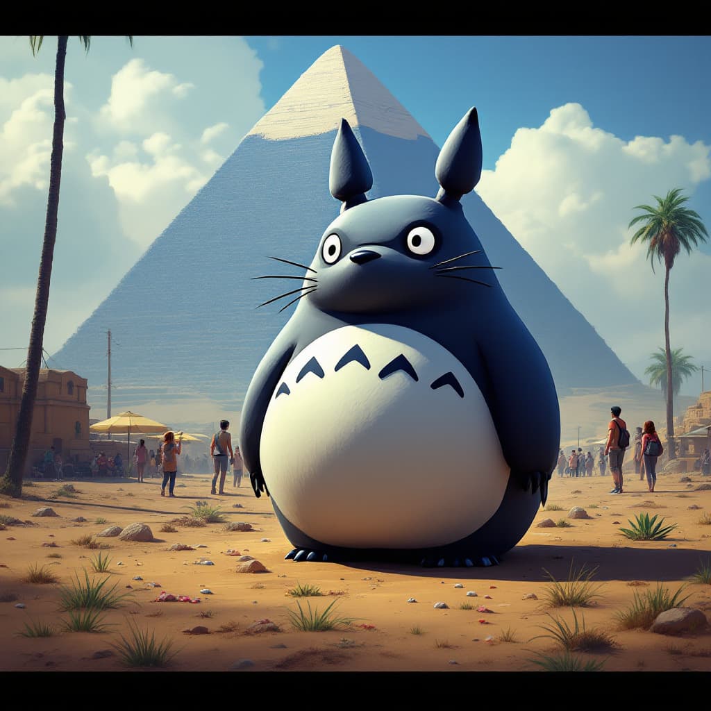 AI generated: Totoro at Giza --personalize nwnd4j3 --stylize 600