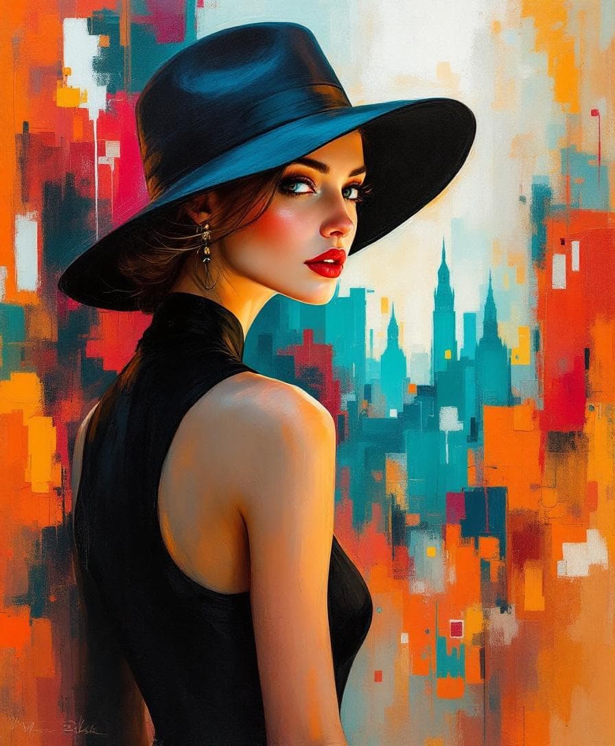 AI generated: Elegant impasto oil painting in high relief, portraying a refined woman in a sleek black dress and w...