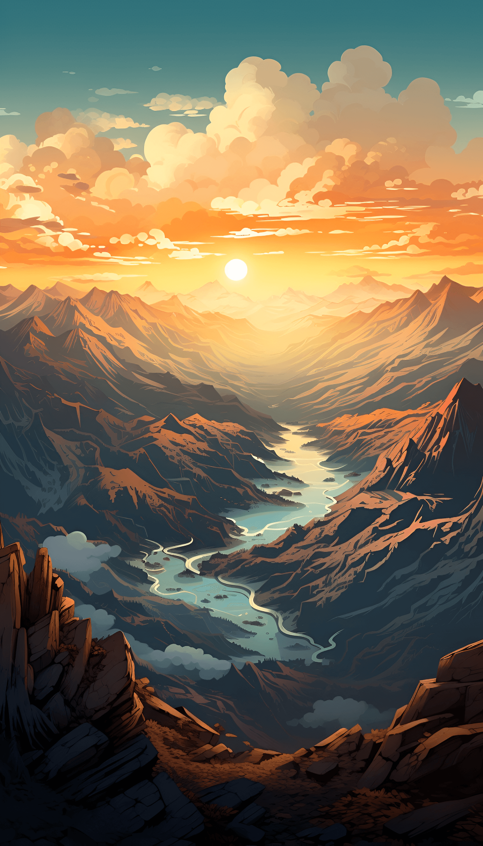 AI generated: Illustration of A panoramic view from a mountain summit. Two-point perspective, Inwrought background...
