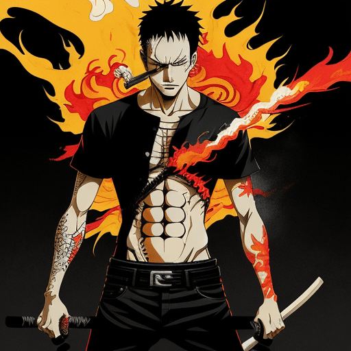 AI generated: modern t-shirt graphic featuring Roronoa Zoro from One Piece, standing confidently while smoking, vi...