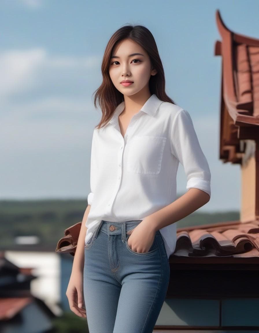 AI generated: white shirt,up jeans, down  country girl, standing on roof (detailed skin 1,0) 