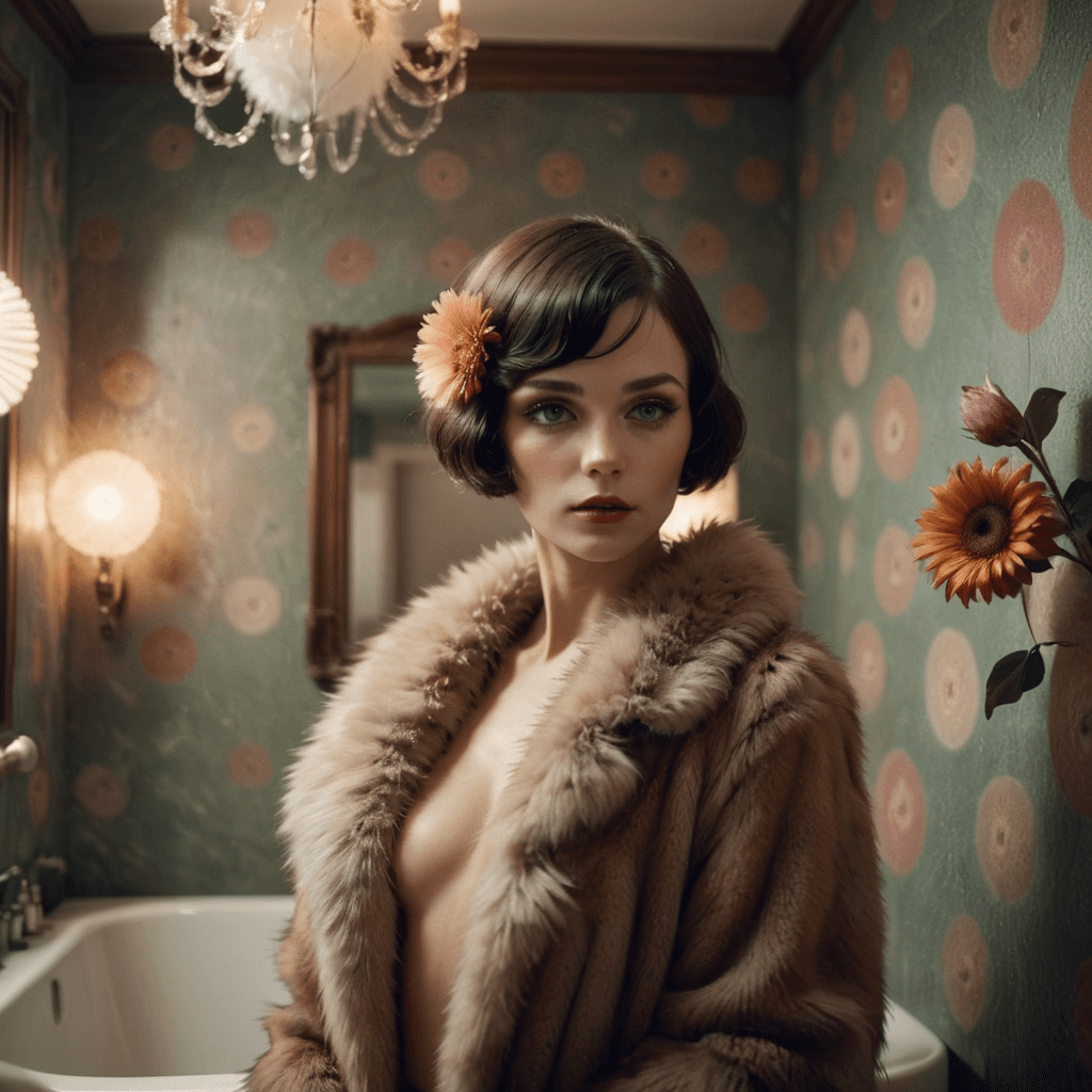 AI generated: mood board portrait fashion covered with fur , natural skin, In a 1920 vintage style Bathroom with c...