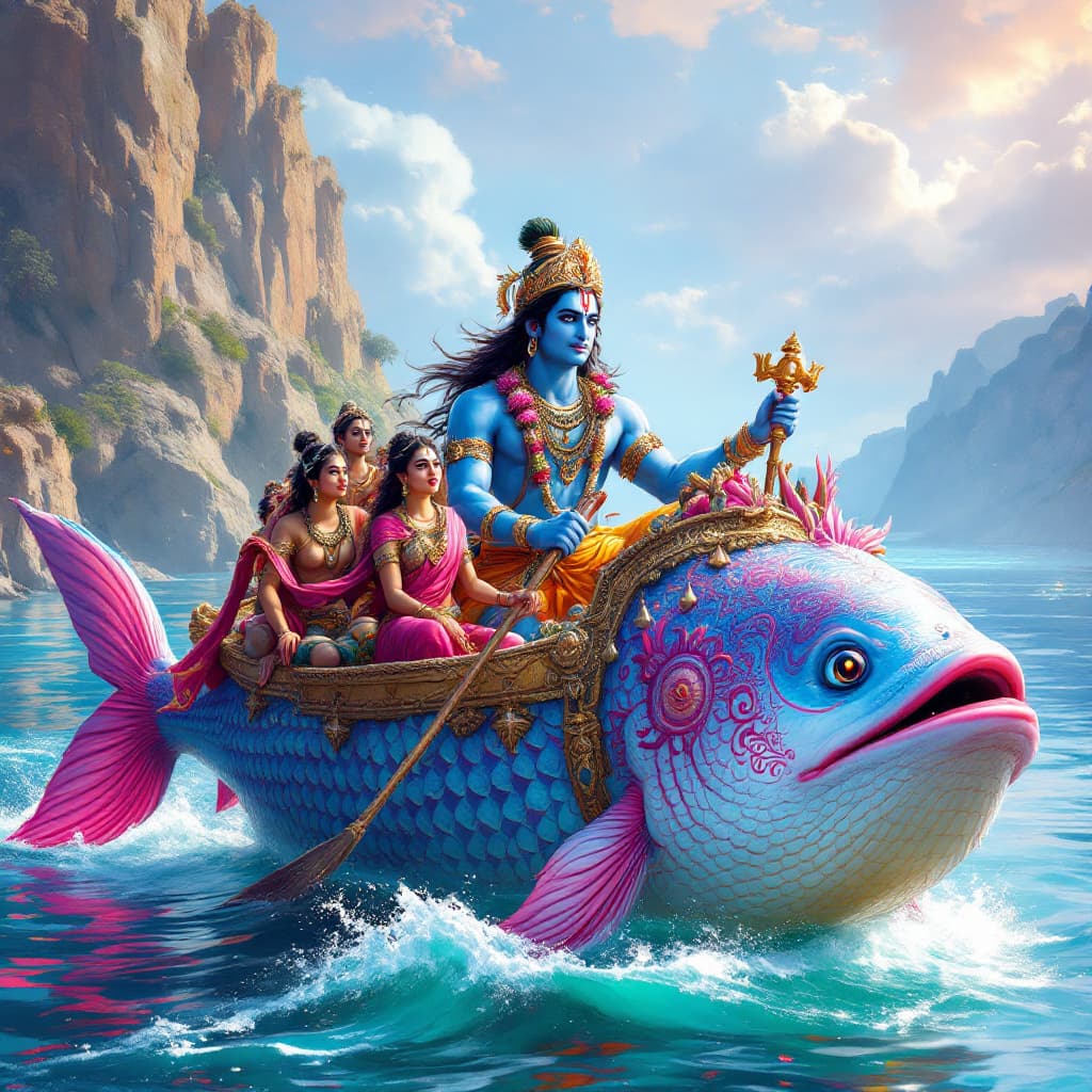 AI generated: hindu mythology character matya avtar  mean vishnu in fish avtar pulling a boat with people in boat ...