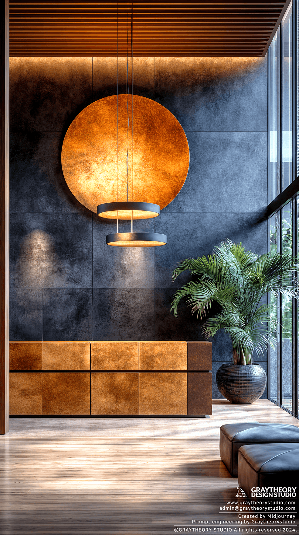 AI generated: casual reception area, desk with trendy pendant light, Nikon Z9, The backdrop is a sleek black wall,...