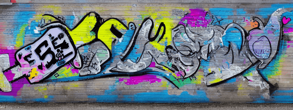 AI generated: EI Pez Graphic design with a black and white boy writing "Louise" on a colorful wall painted with fl...