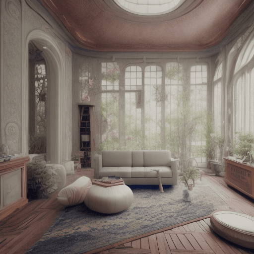AI generated: High resolution photography interior design, dreamy sunken living room conversation pit, wooden floo...