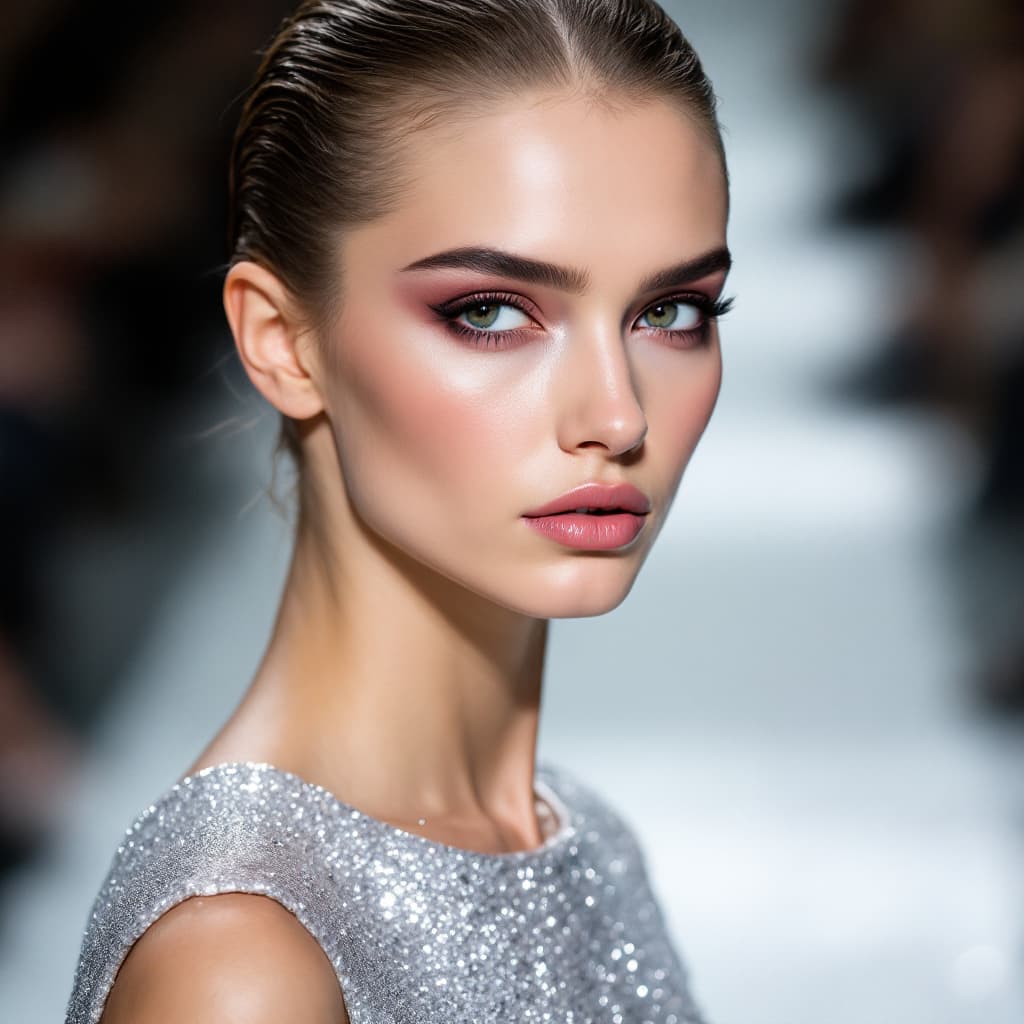 AI generated: close up model in minimalistic shiny glitter silver dress with small crystals on the floor at runway...