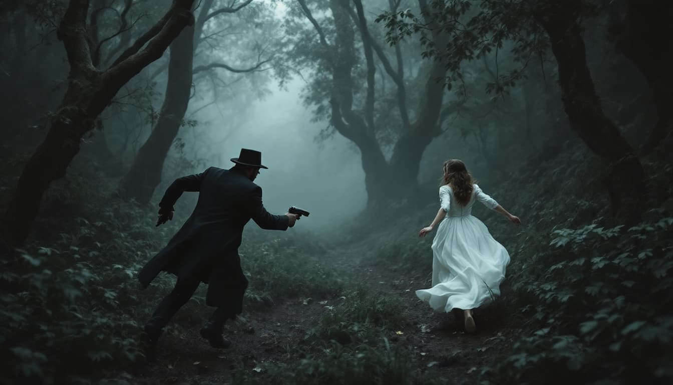 AI generated:  a man wearing black coat and hat running with a pistol in hand towards a back side running girl wea...