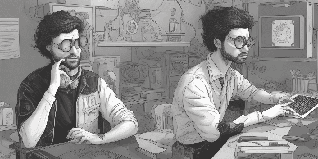 AI generated: A shockingly detailed monochromatic vector illustration of a software developer examining a laptop w...