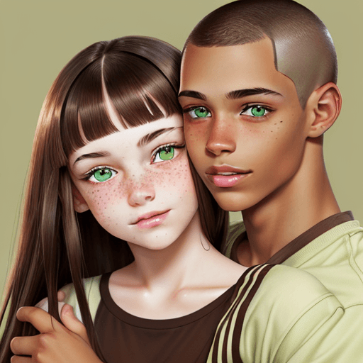 AI generated: Photo of a whiteskin brunette young girl with two green eyes, braces, no freckles and long hair hugg...