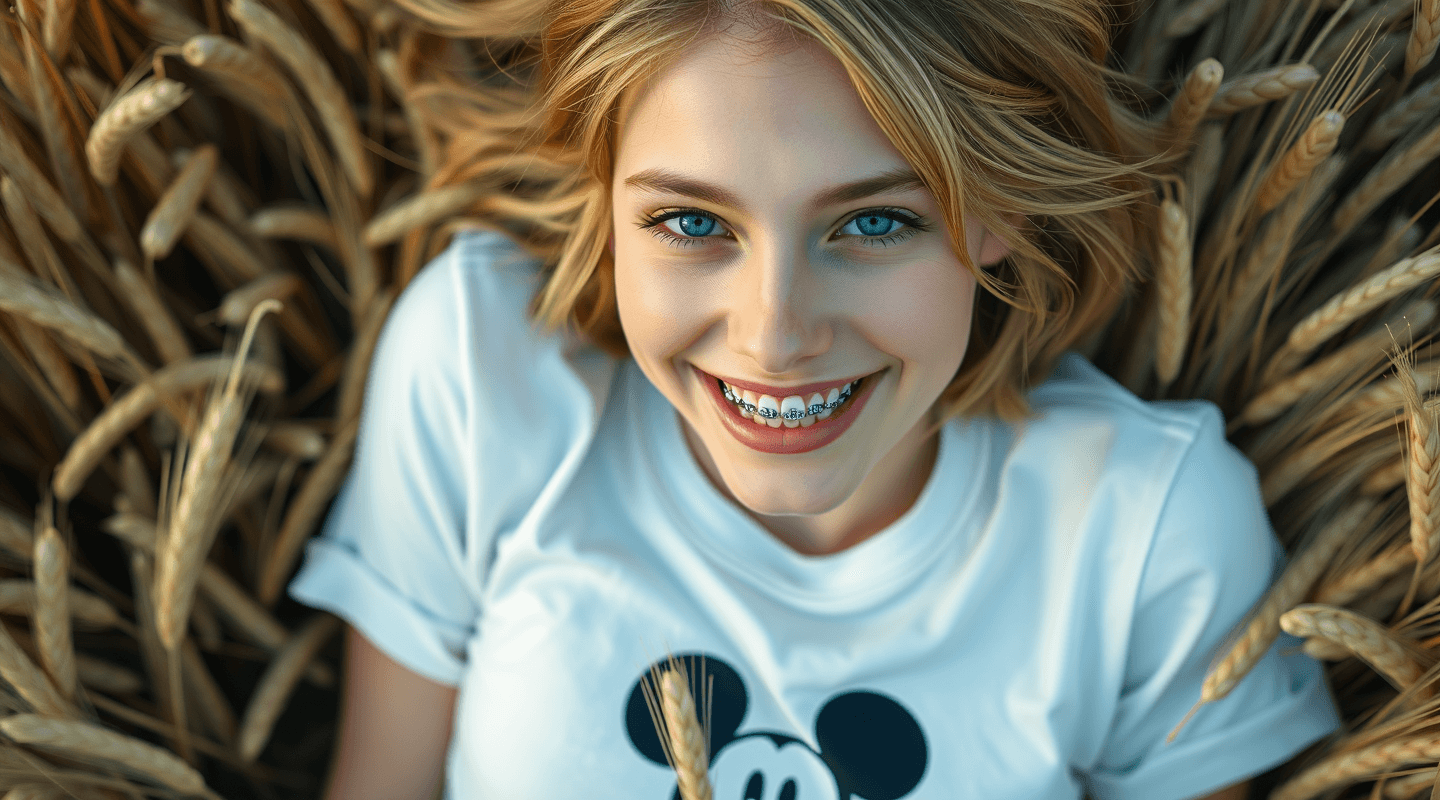 AI generated: portrait photograph of a cute girl, messy blond loose hair, wearing a white cotton t-shirt with Mick...