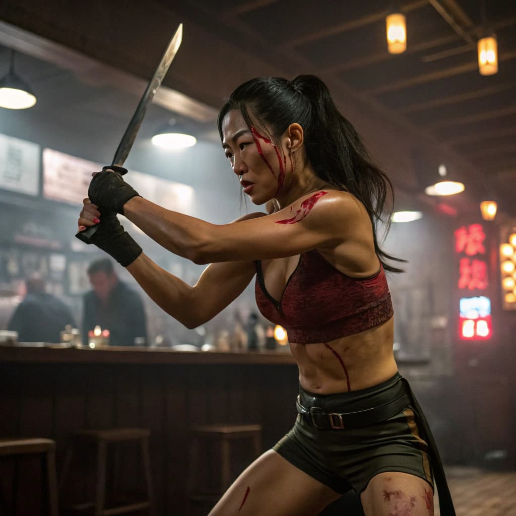 AI generated: sexy korean female fighting with a knife in a seedy bar. high definition, 4k, bloody battle. kung fu...
