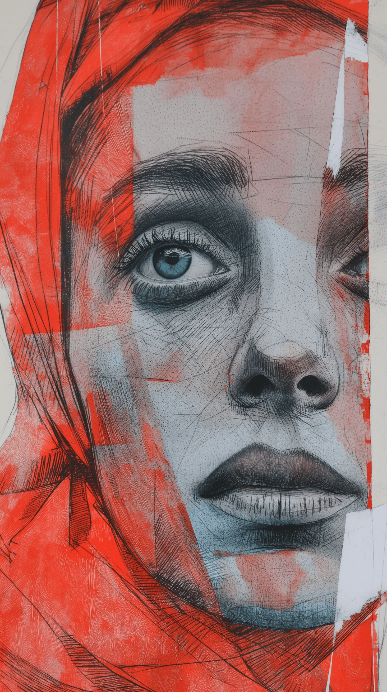 AI generated: portrait, woman, oil painting, grainy painting, profound gaze, monochrome with coral color, minimali...