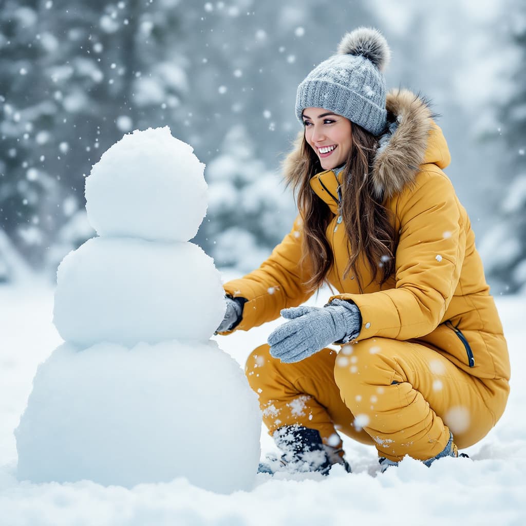 AI generated: winter, snowing,Winter scene with a woman in a yellow insulated jacket and snow pants, gray gloves, ...