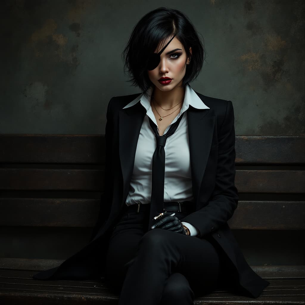 AI generated: full body portrait woman a powerful and dignified portrait ,one eyepatch, necktie, black short hair,...