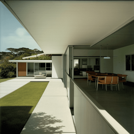 AI generated: Hyper realistic eye level exterior photo of a mid century modern style house overlooking the ocean, ...