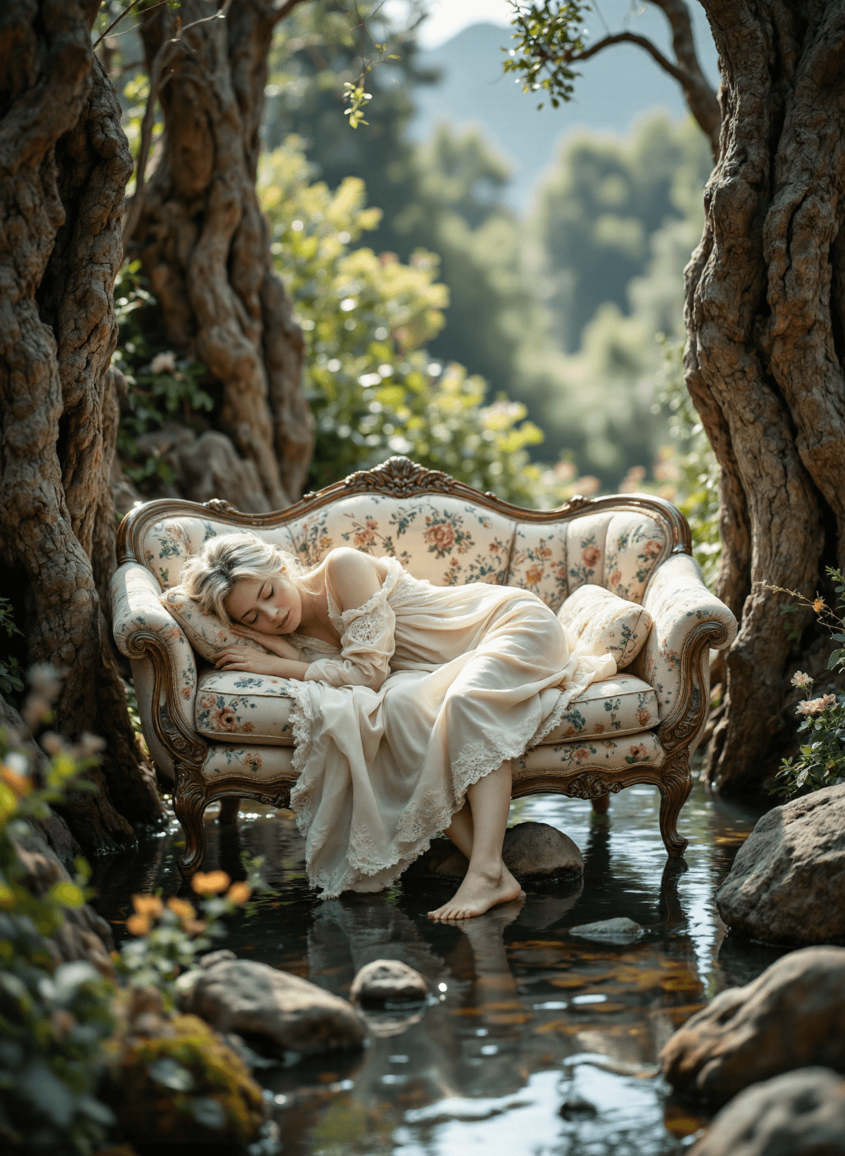 AI generated: The image depicts a serene and whimsical scene where an elderly woman is peacefully sleeping on a vi...