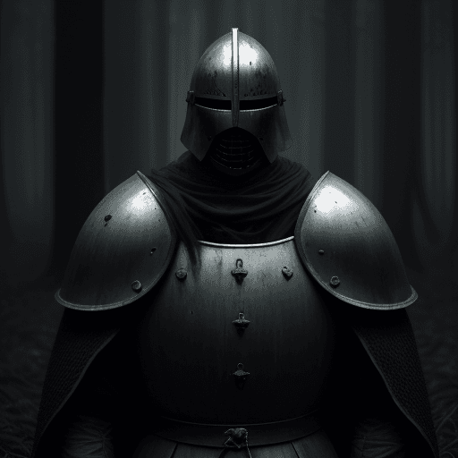AI generated: dull outdoor forest, photo of a knight with no face, wearing opened helmet no face helmet, dull and ...