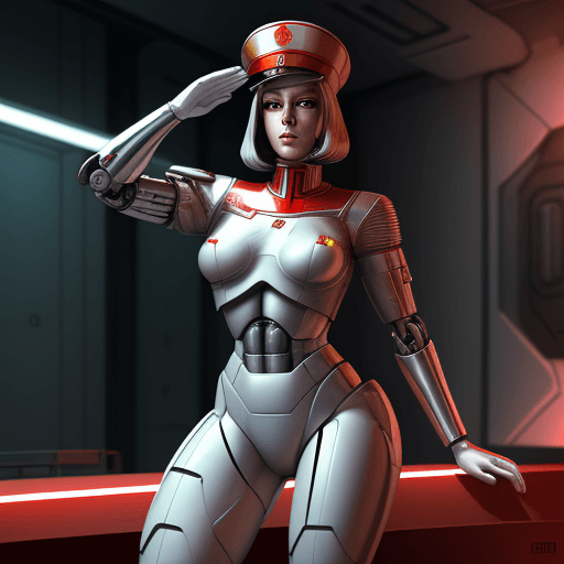AI generated: female cyborg android saluting, ussr, red star on the shoulder, garrison cap, cinematic lighting, hy...