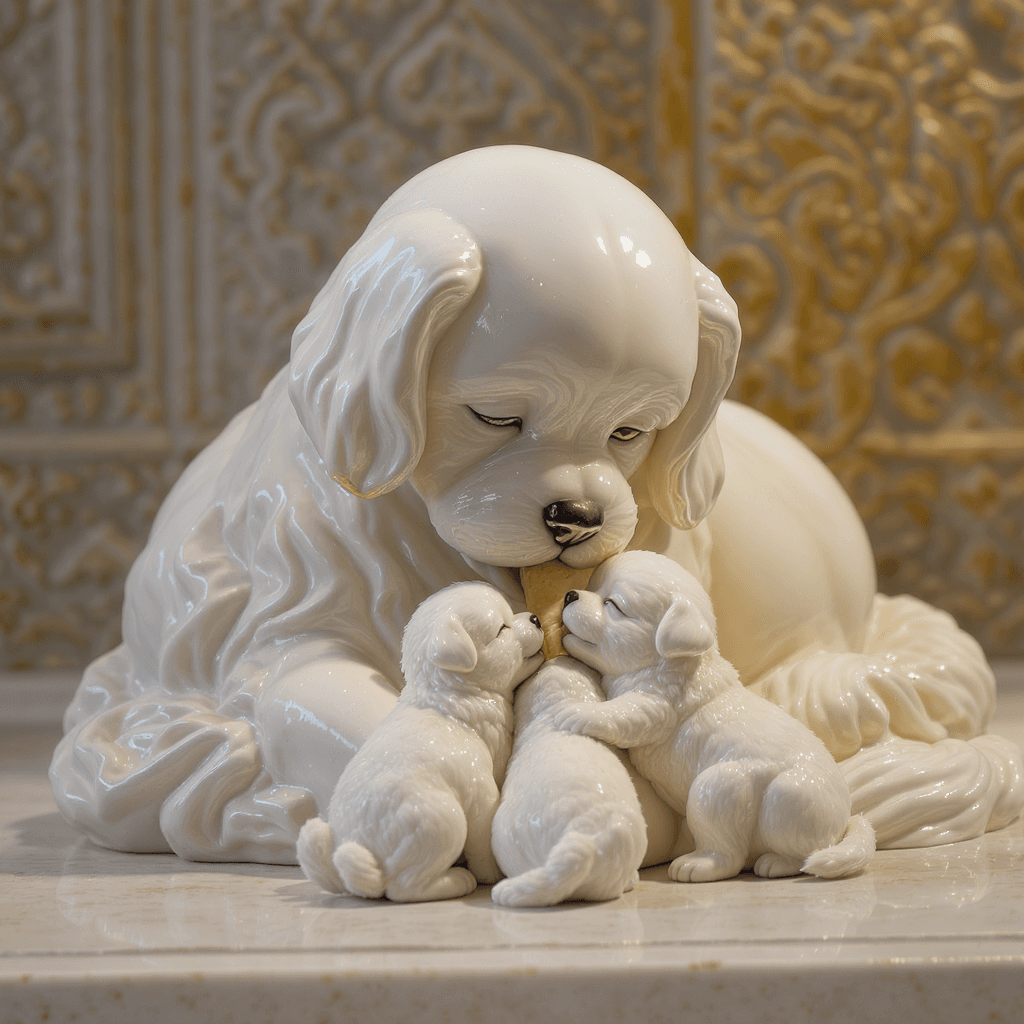 AI generated: A finely detailed ceramic sculpture depicting a nurturing female Maltese dog lying down as she lovin...