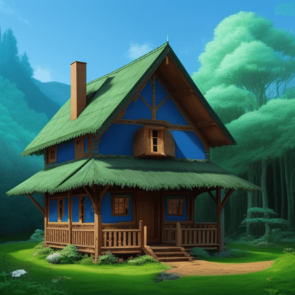 AI generated: wooden house, an enchanted forest, clear blue sky, a valley, cartoon, 