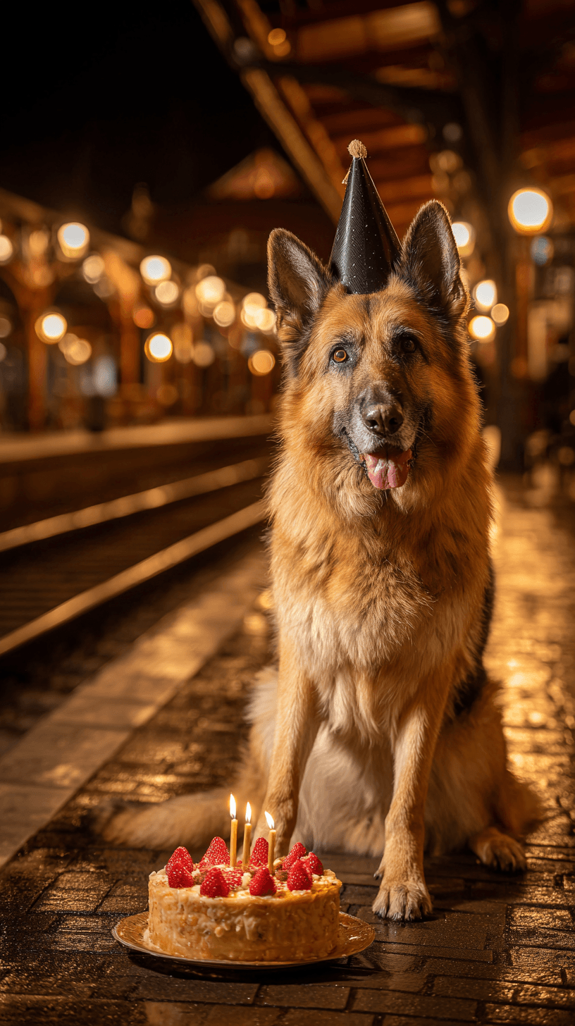 AI generated: Portrait photography style, A German Shepherd dog wearing a black party hat, sitting on a wet, vinta...