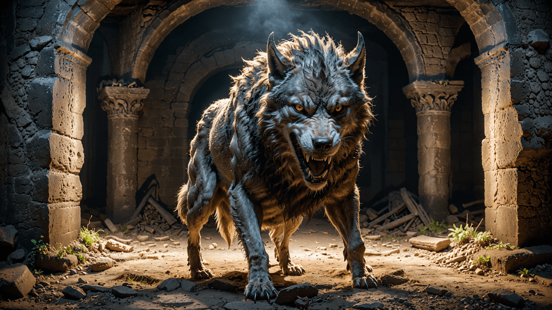 AI generated: Visually striking and impressive image of a terrifying and mystical wolf-like horned beast, quadrupe...