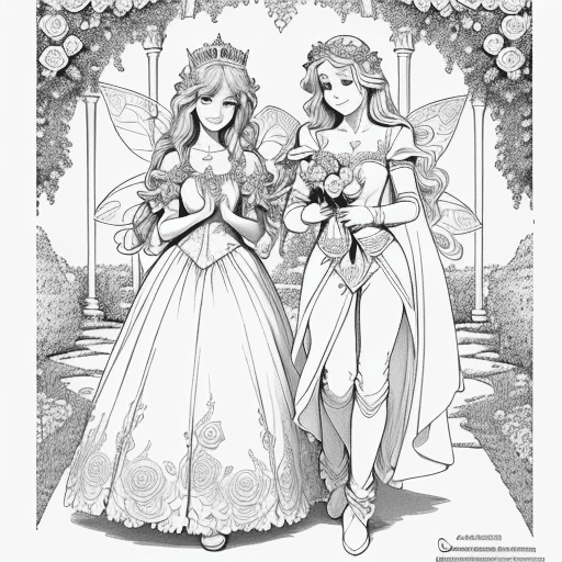 AI generated: Garden coloring page, a fairy and a princess queen with cute eyes, tender smile, both walking in the...