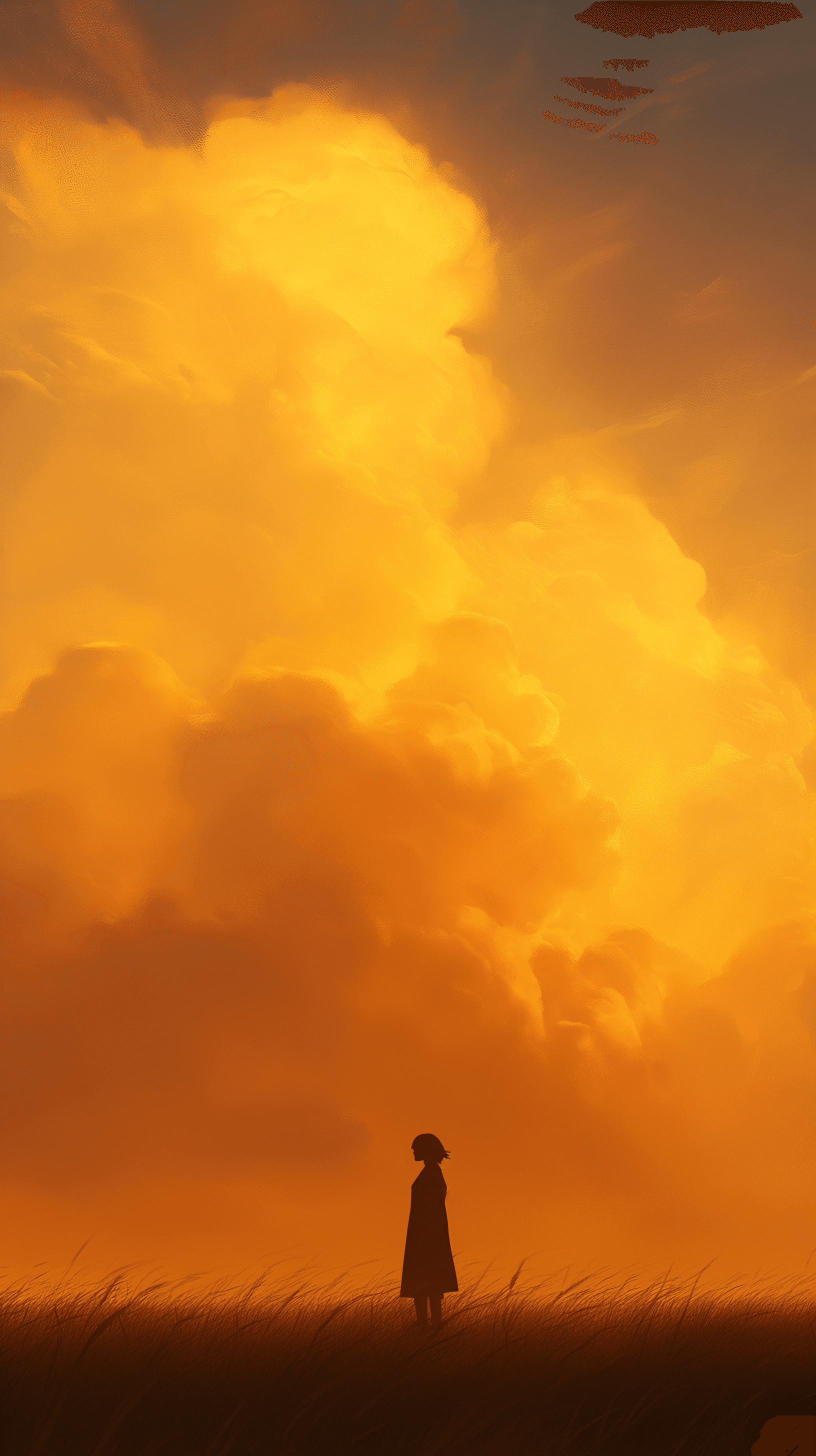 AI generated: image of a young woman standing against a massive, billowing cloud at sunset, sky aglow with warm go...