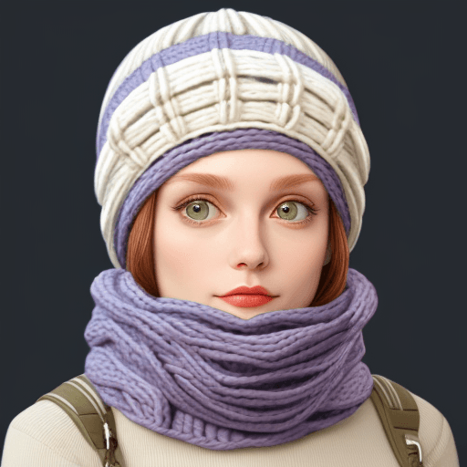 AI generated:  der Beautiful alien from Venus in knitted scarf and cap full-face head size 200 by 200 pixelsRohe