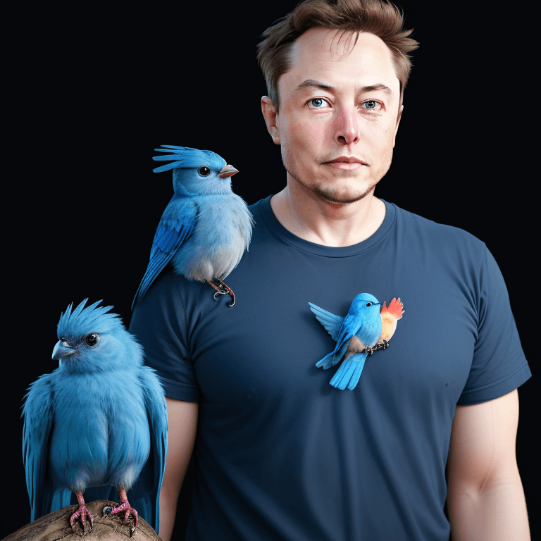 AI generated: front shot of (Elon Musk) with the (blue (twitter) bird) perched on his shoulder,  8k, hyperrealisti...