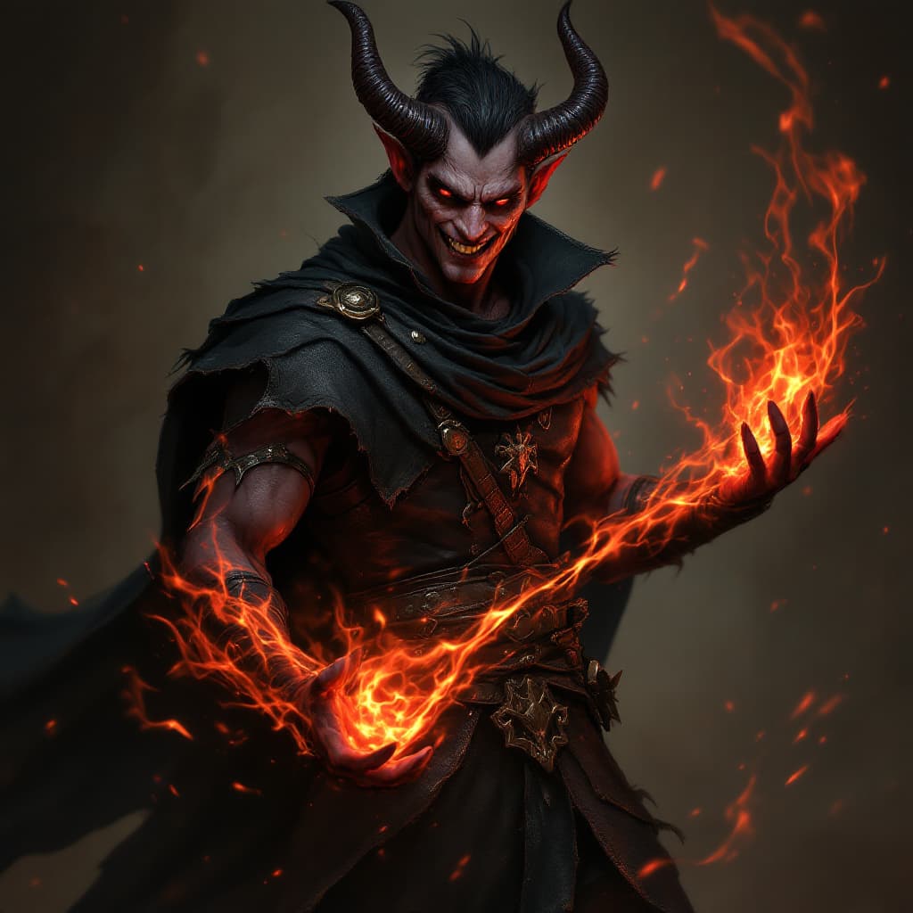 AI generated: male tiefling warlock in leather cloth using fiery spell, red eyes, horns, smile, hyper detail, full...