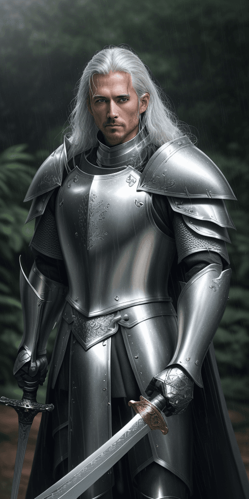 AI generated: real life portrait photo of a man wearing shiny silver armor while holding a long sword, the knight ...