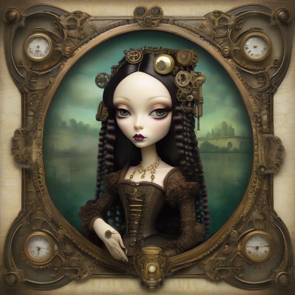 AI generated: Steampunk Mona Lisa, in the style of Mark Ryden and Natalie Shau, pop surrealism