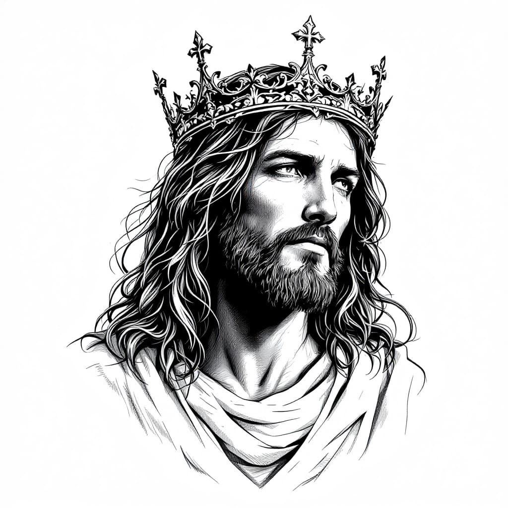 AI generated: black and white drawing of a jesus christ with crown, white background, high contrast, low color pal...