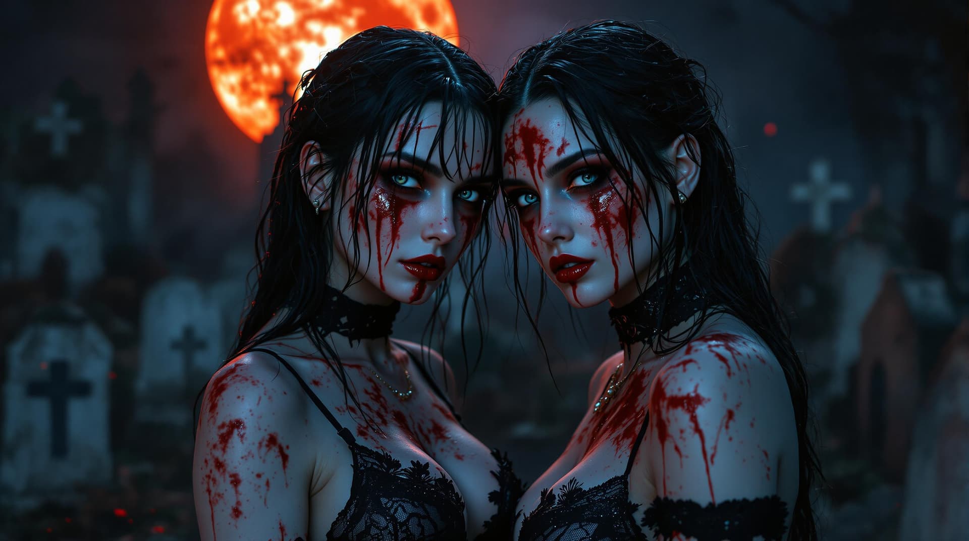 AI generated: A mesmerizing close-up of two Gothic women, their faces illuminated by the eerie silver glow of the ...