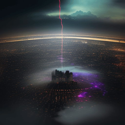 AI generated: city of pollution in the sky, on middle, close up, with acid rain in the city, zoomed IN 