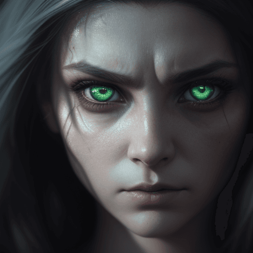 AI generated: .Prompt: "A close-up of a woman's face, half-human and half-monster, staring directly into the camer...