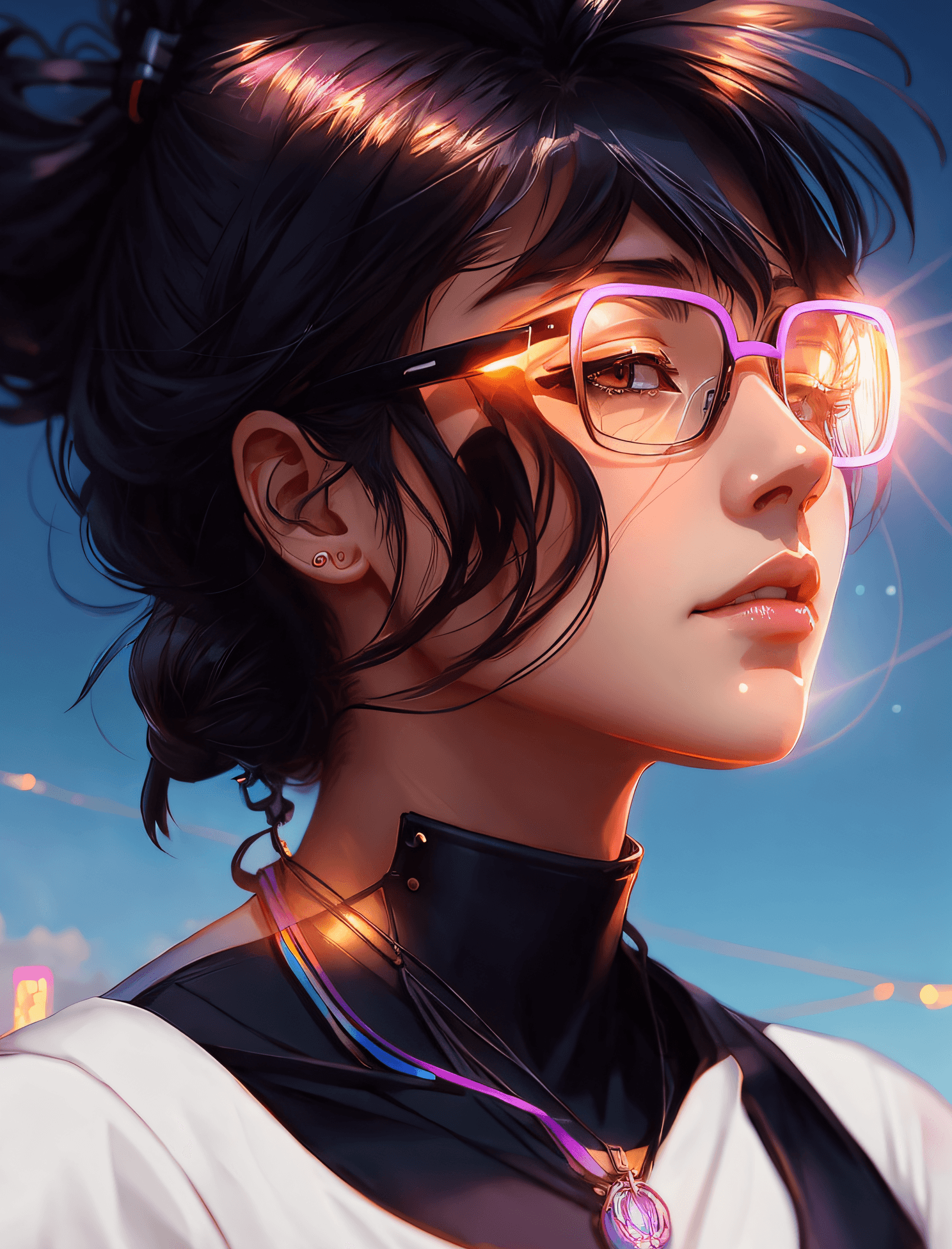 AI generated: anime girl with glasses and necklace staring at the sky, style of alena aenami, artwork in the style...