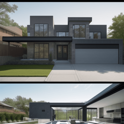 AI generated: !A modern house with a pool, living room, dining room, three bedrooms, two bathrooms, a well-divided...