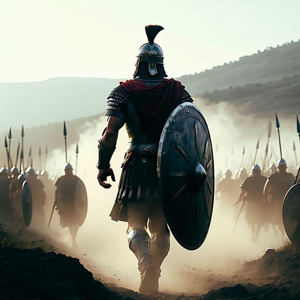 AI generated: The warrior walking away into a battlefield shrouded in mist, his muscular back illuminated.Greek St...
