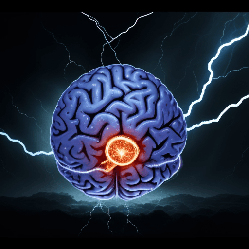 AI generated: A brain being struck by a bolt of lightning. The orb should have a metallic sheen and be surrounded ...