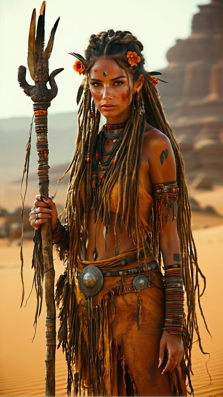 AI generated: An ultra-realistic, full-body static presentation of a desert witch woman, radiating a powerful, unt...