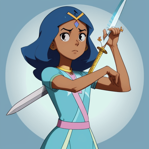 AI generated: Connie Maheswaran from the animated series Steven Universe, using a sword to practice. 