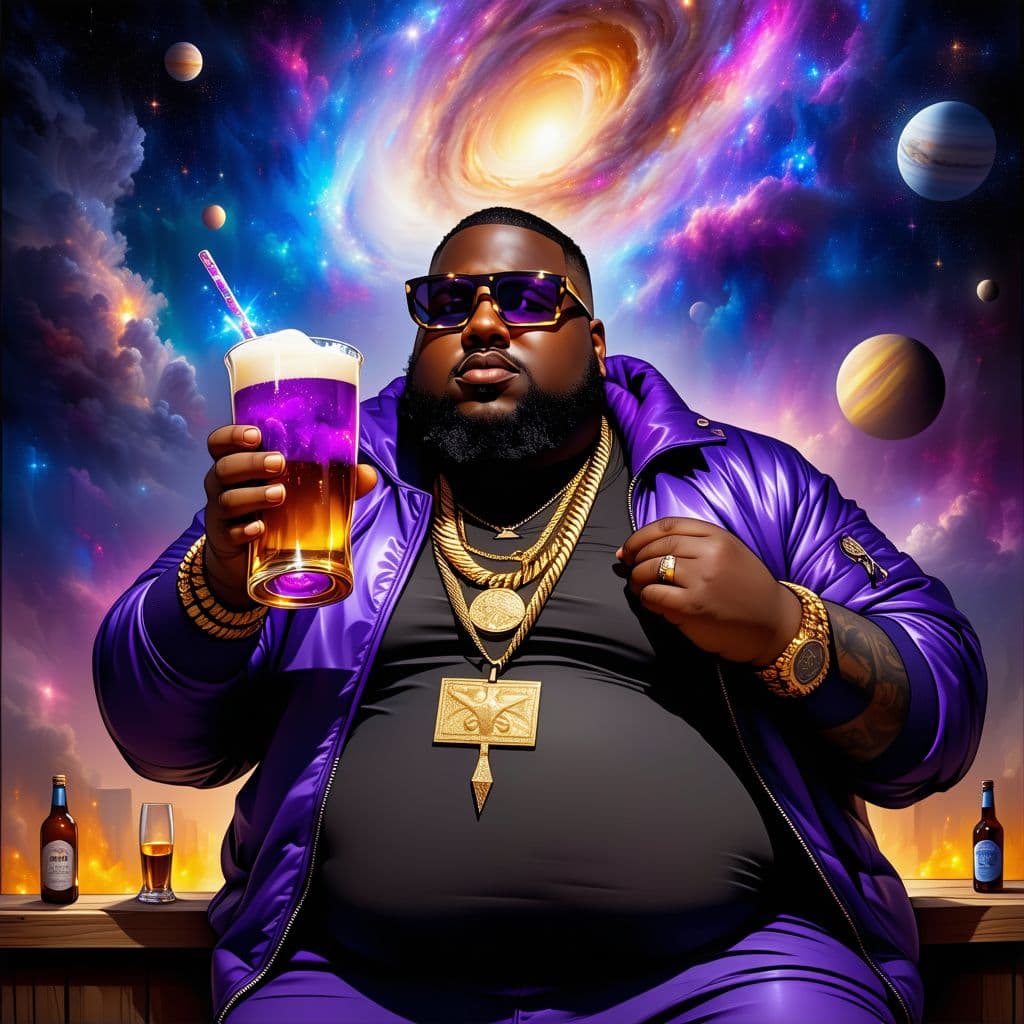 AI generated: Obese american rapper holding a pint full of purple liquid taking over the universe, heavenly imager...