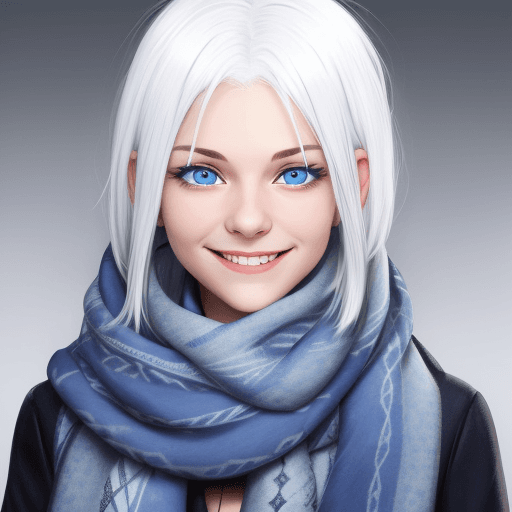 AI generated: a smiling girl with white hair and blue eyes wearing a long scarf
