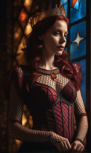 AI generated: princess of modern world inhabited by the spirit of the hell, fishnet, stained glass, fairy lights, ...