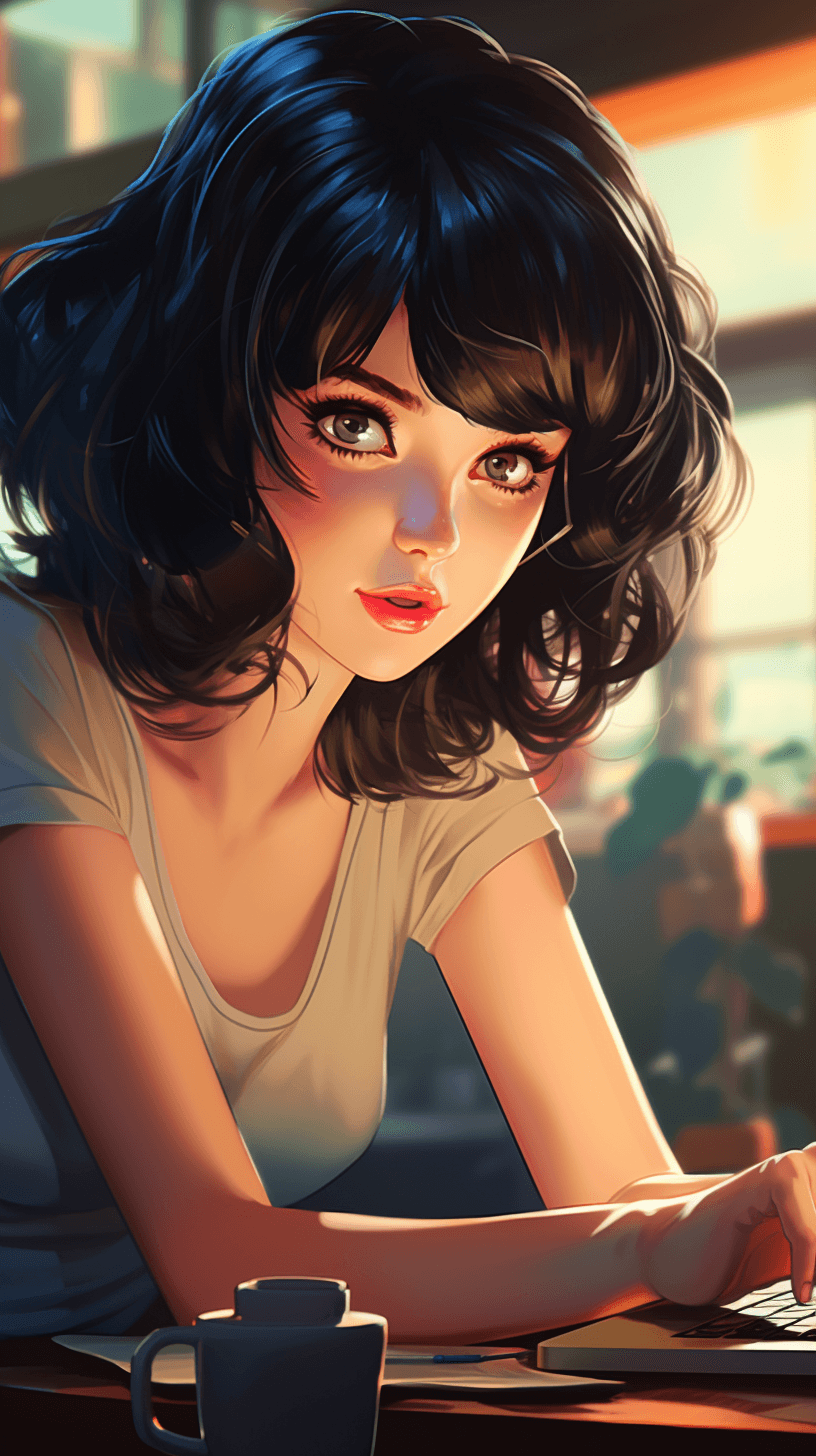AI generated: 
Young girl with short dark hair, care haircut, perfect face, glossy lips, eyeliner, working on lap...