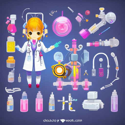 AI generated: an icon of a sci-fi doctor, with equipment resembling a girl's medical playset. colorful plastic and...